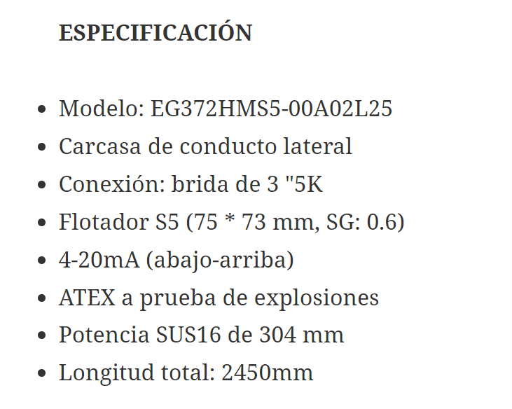 Transmisor de Nivel Magnetoestrictivo EGX, SS, 1 1/2" BSP Macho, 4-20 mA. HART, L: 1000 mm